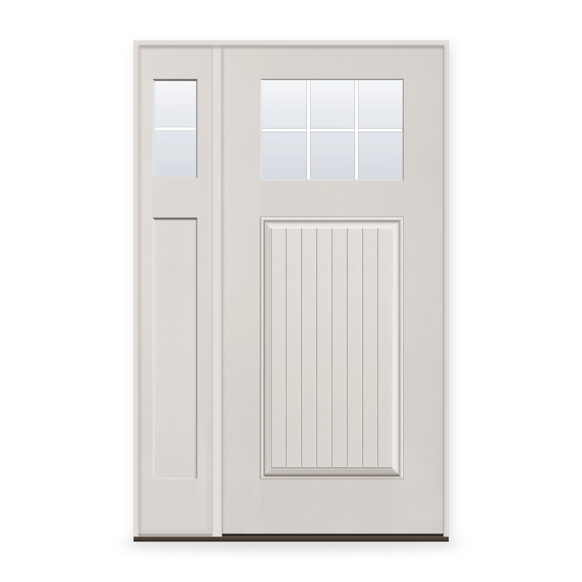 Grills Between Glass 6 Light Flush Glazed Fiberglass Entry Door System with Sidelite - Craftsman Plank, White Satin Smooth, White 5/8" Grilles