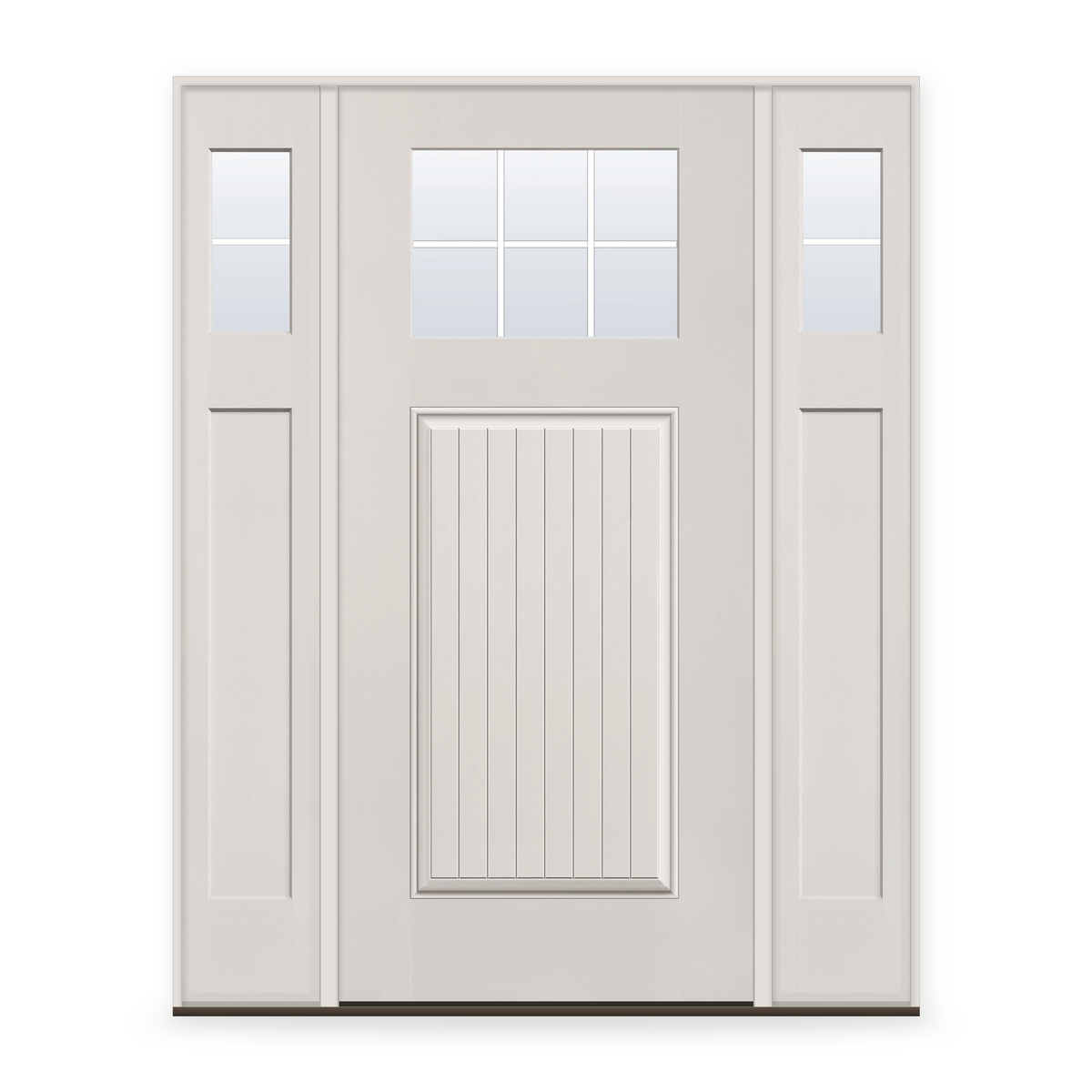 Grills Between Glass 6 Light Flush Glazed Fiberglass Entry Door System with Two Sidelites - Craftsman Plank, White Satin Smooth
