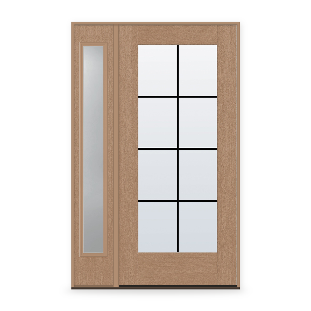 Grills Between Glass 8 Light Flush Glazed Fiberglass Entry Door System with Sidelite - Full Lite, Tan Woodgrain, Black 7/8" Grilles