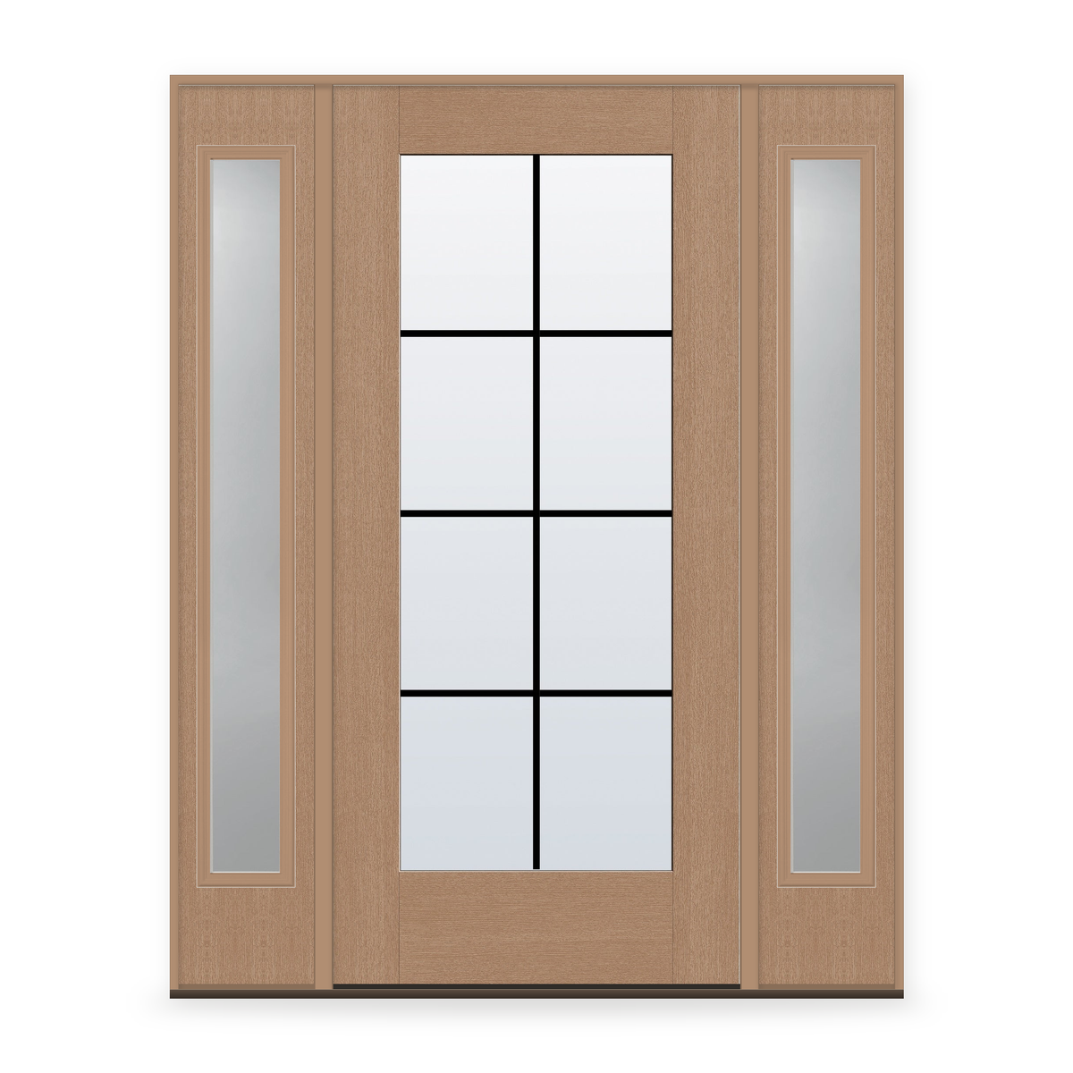 Grills Between Glass 8 Light Flush Glazed Fiberglass Entry Door System with Two Sidelites - Full Lite, Tan Woodgrain, Black 7/8" Grilles