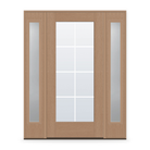 Grills Between Glass 8 Light Flush Glazed Fiberglass Entry Door System with Two Sidelites - Full Lite, Tan Woodgrain, White 7/8" Grilles