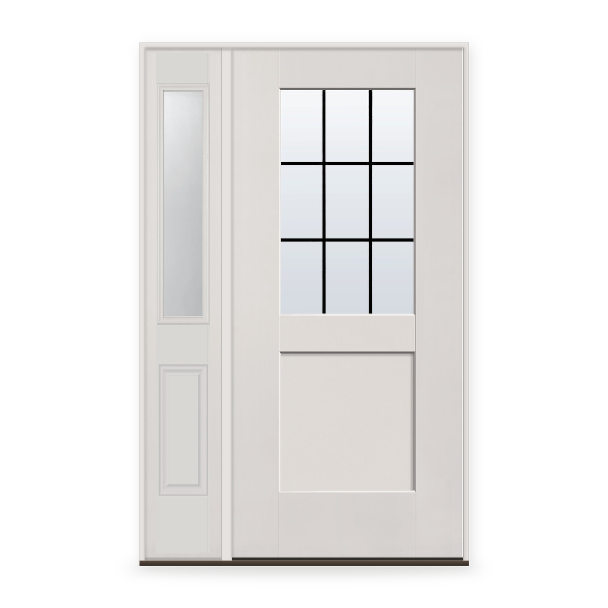 Grills Between Glass 9 Light Flush Glazed Fiberglass Entry Door System with Sidelite - Half Lite Shaker, White Satin Smooth, Black 5/8" Grilles