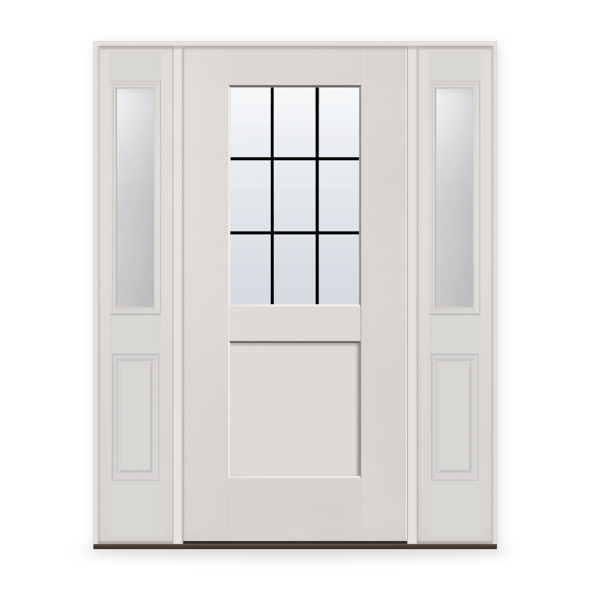 Grills Between Glass 9 Light Flush Glazed Fiberglass Entry Door System with Two Sidelites - Half Lite Shaker, White Satin Smooth, Black 5/8" Grilles