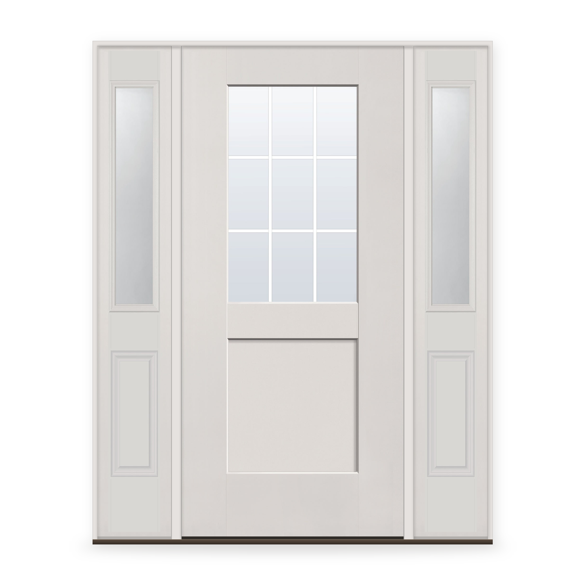 Grills Between Glass 9 Light Flush Glazed Fiberglass Entry Door System with Two Sidelites - Half Lite Shaker, White Satin Smooth