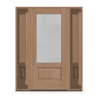 Micro-Granite Flush Glazed Fiberglass Entry Door System with Two Sidelites - 3/4 Lite, Tan Woodgrain