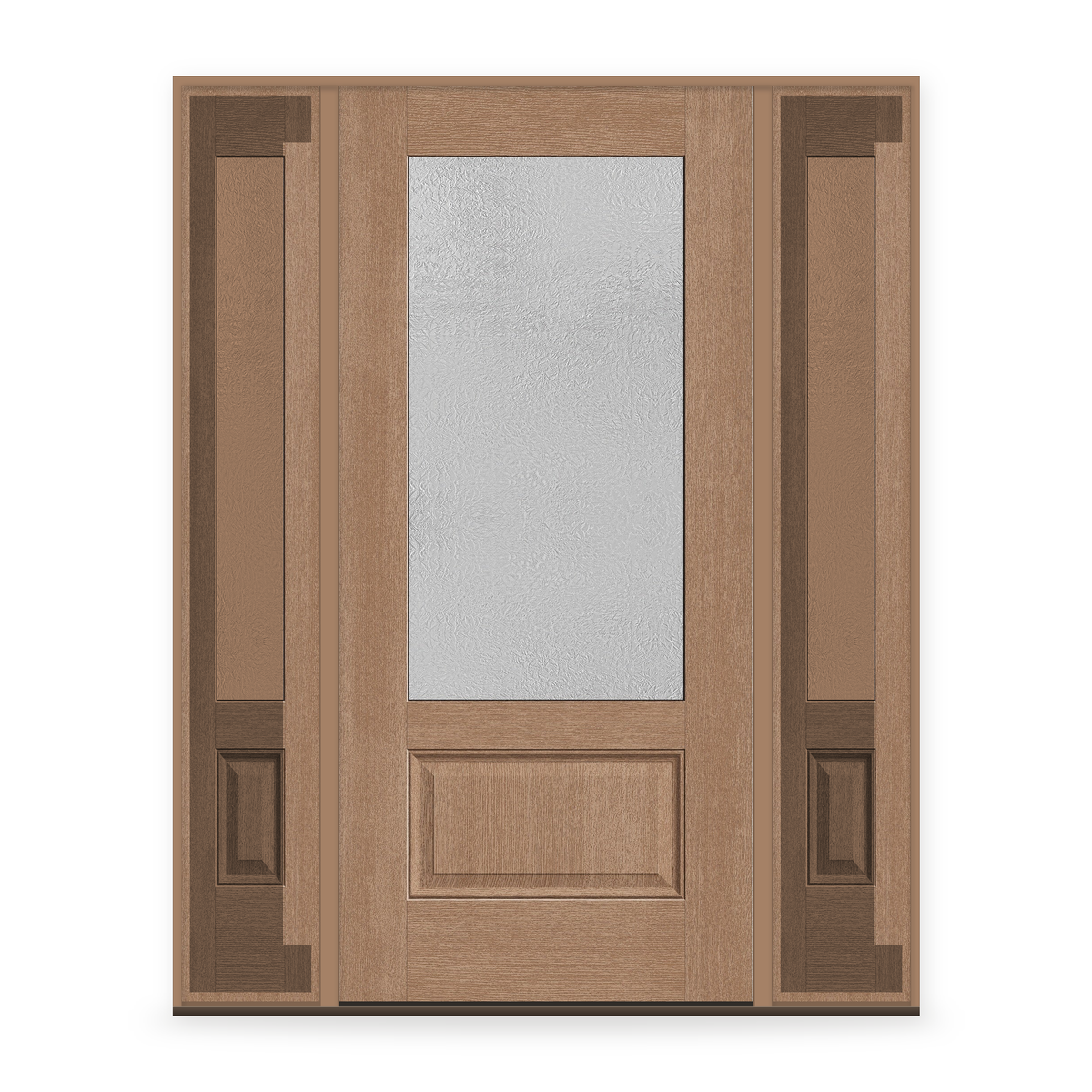 Micro-Granite Flush Glazed Fiberglass Entry Door System with Two Sidelites - 3/4 Lite, Tan Woodgrain