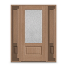 Rain Flush Glazed Fiberglass Entry Door System with Two Sidelites - 3/4 Lite, Tan Woodgrain