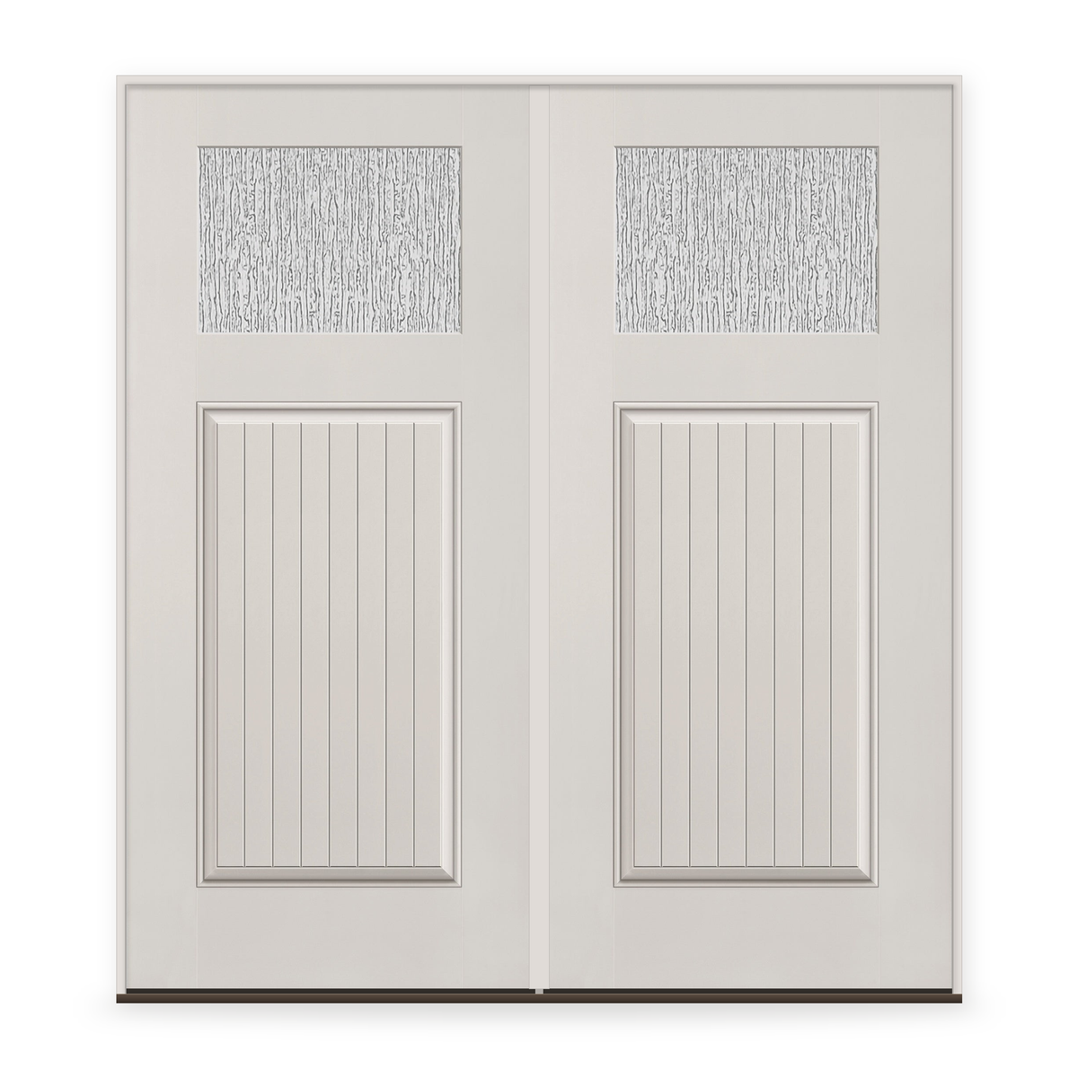Double Rain Flush Glazed Fiberglass Entry Door System - Craftsman Plank, White Satin Smooth