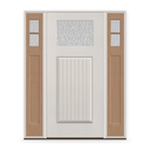 Rain Flush Glazed Fiberglass Entry Door System with Two Sidelites - Craftsman Plank, White Satin Smooth