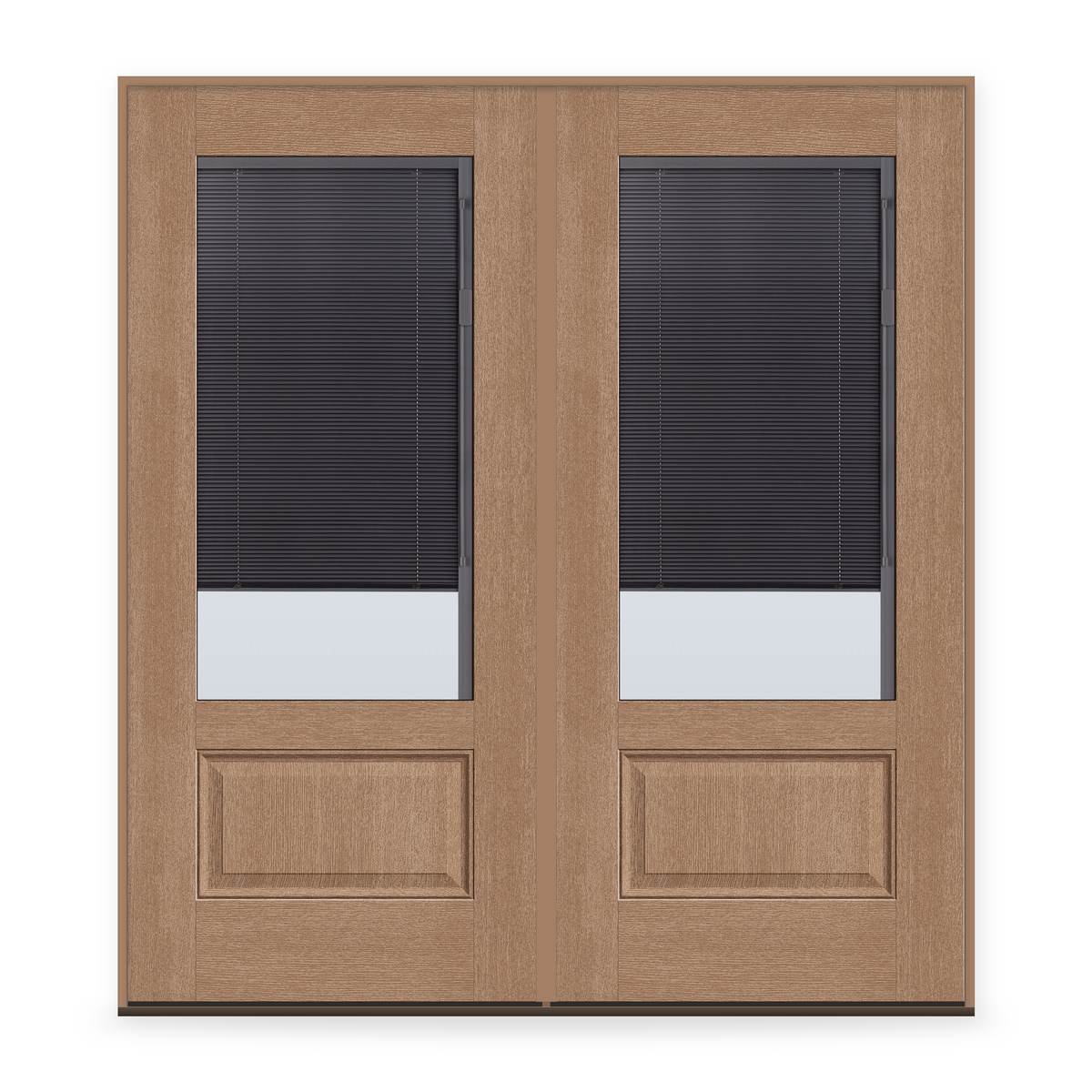 Double Raise & Lower Blinds Flush Glazed Fiberglass Entry Door System - 3/4 Lite, Tan Woodgrain, Slate Enclosed Blinds