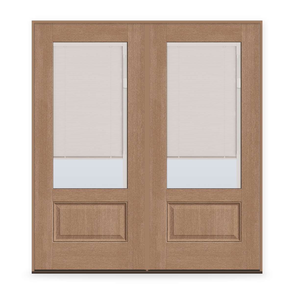 Double Raise & Lower Blinds Flush Glazed Fiberglass Entry Door System - 3/4 Lite, Tan Woodgrain