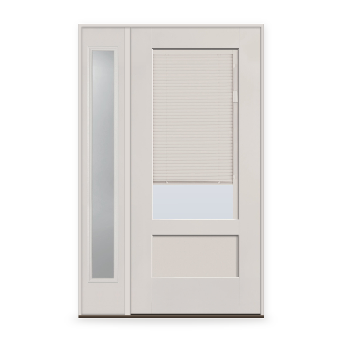 Raise & Lower Blinds Flush Glazed Fiberglass Entry Door System with Sidelite - 3/4 Lite Shaker, White Satin Smooth, White Enclosed Blinds