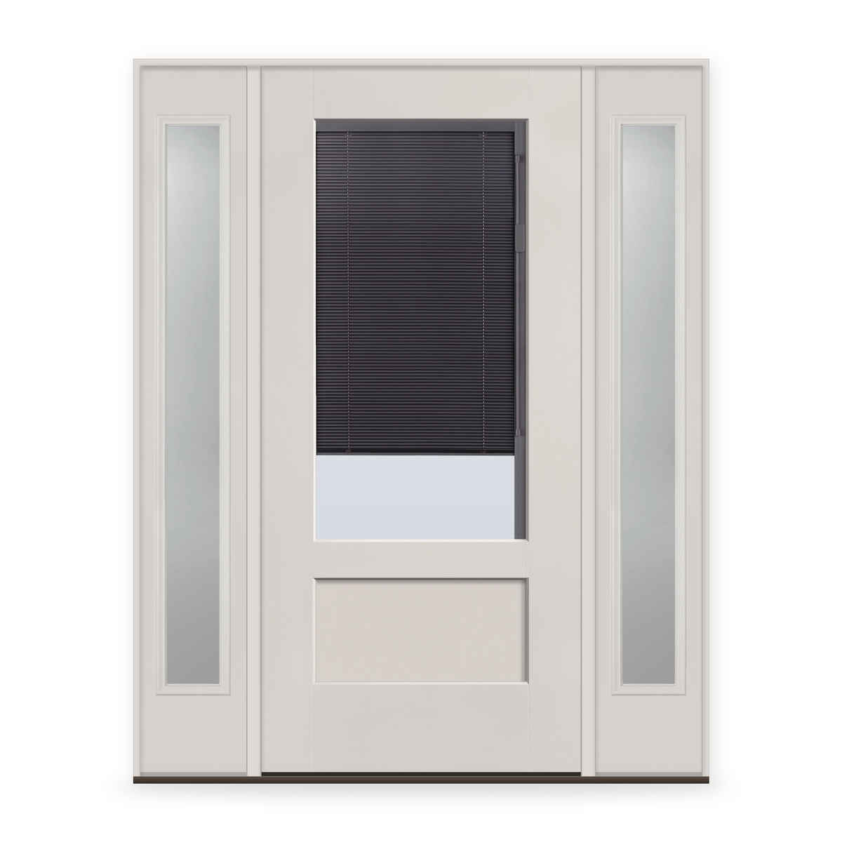 Raise & Lower Blinds Flush Glazed Fiberglass Entry Door System with Two Sidelites - 3/4 Lite Shaker, White Satin Smooth, Slate Enclosed Blinds