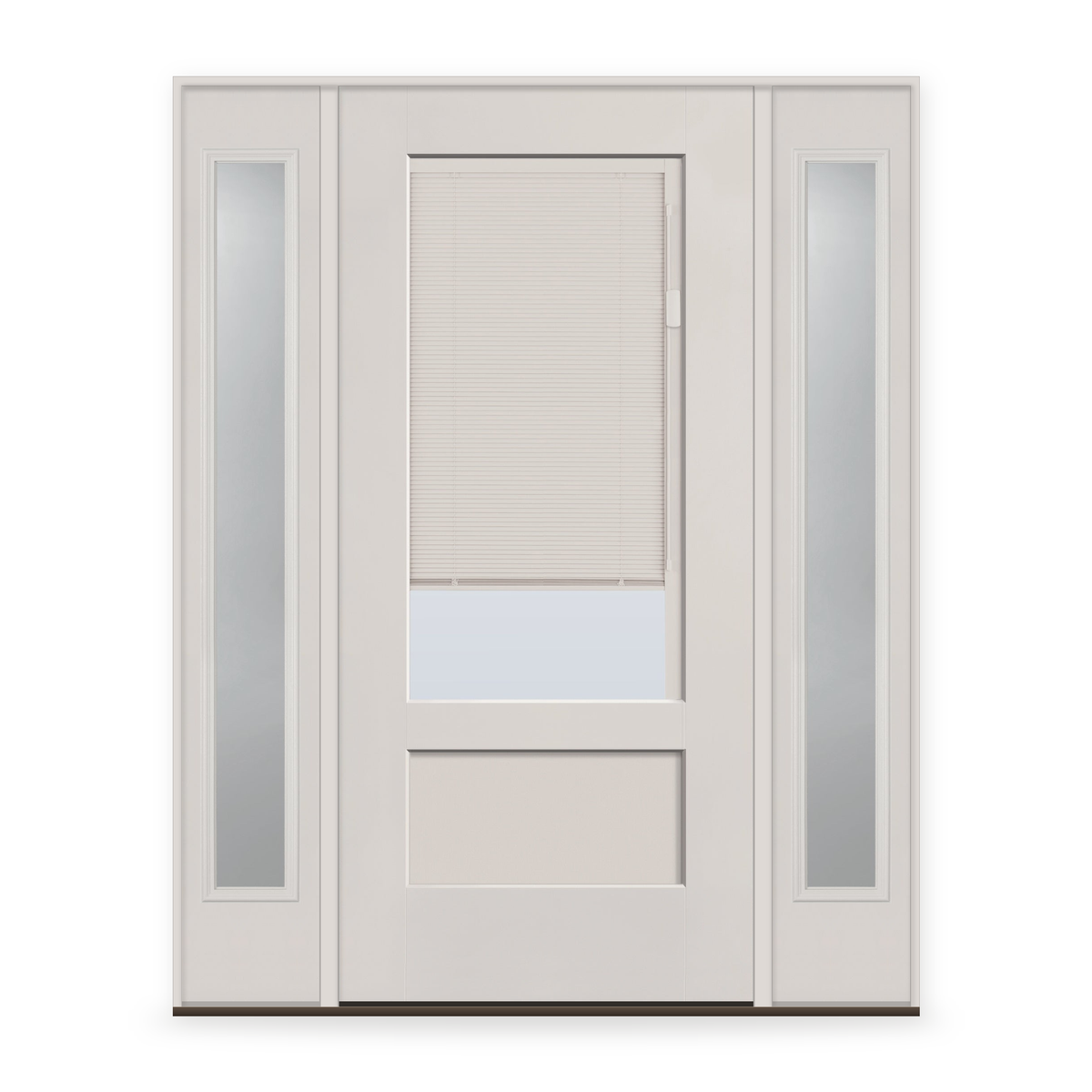 Raise & Lower Blinds Flush Glazed Fiberglass Entry Door System with Two Sidelites - 3/4 Lite Shaker, White Satin Smooth, White Enclosed Blinds