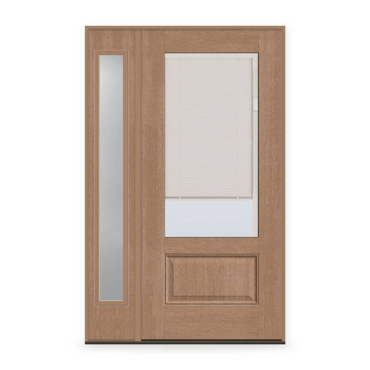 Raise & Lower Blinds Flush Glazed Fiberglass Entry Door System with Sidelite - 3/4 Lite, Tan Woodgrain, White Enclosed Blinds