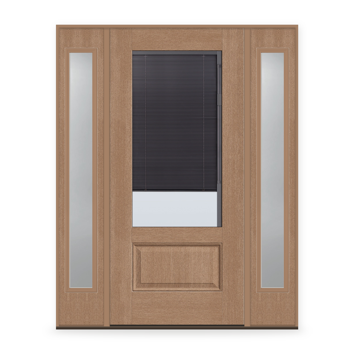 Raise & Lower Blinds Flush Glazed Fiberglass Entry Door System with Two Sidelites - 3/4 Lite, Tan Woodgrain, Slate Enclosed Blinds