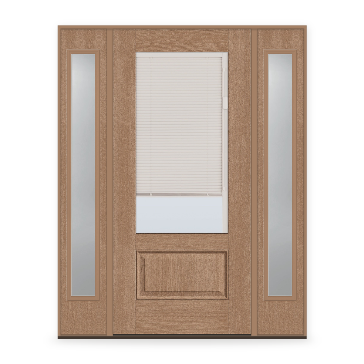 Raise & Lower Blinds Flush Glazed Fiberglass Entry Door System with Two Sidelites - 3/4 Lite, Tan Woodgrain, White Enclosed Blinds