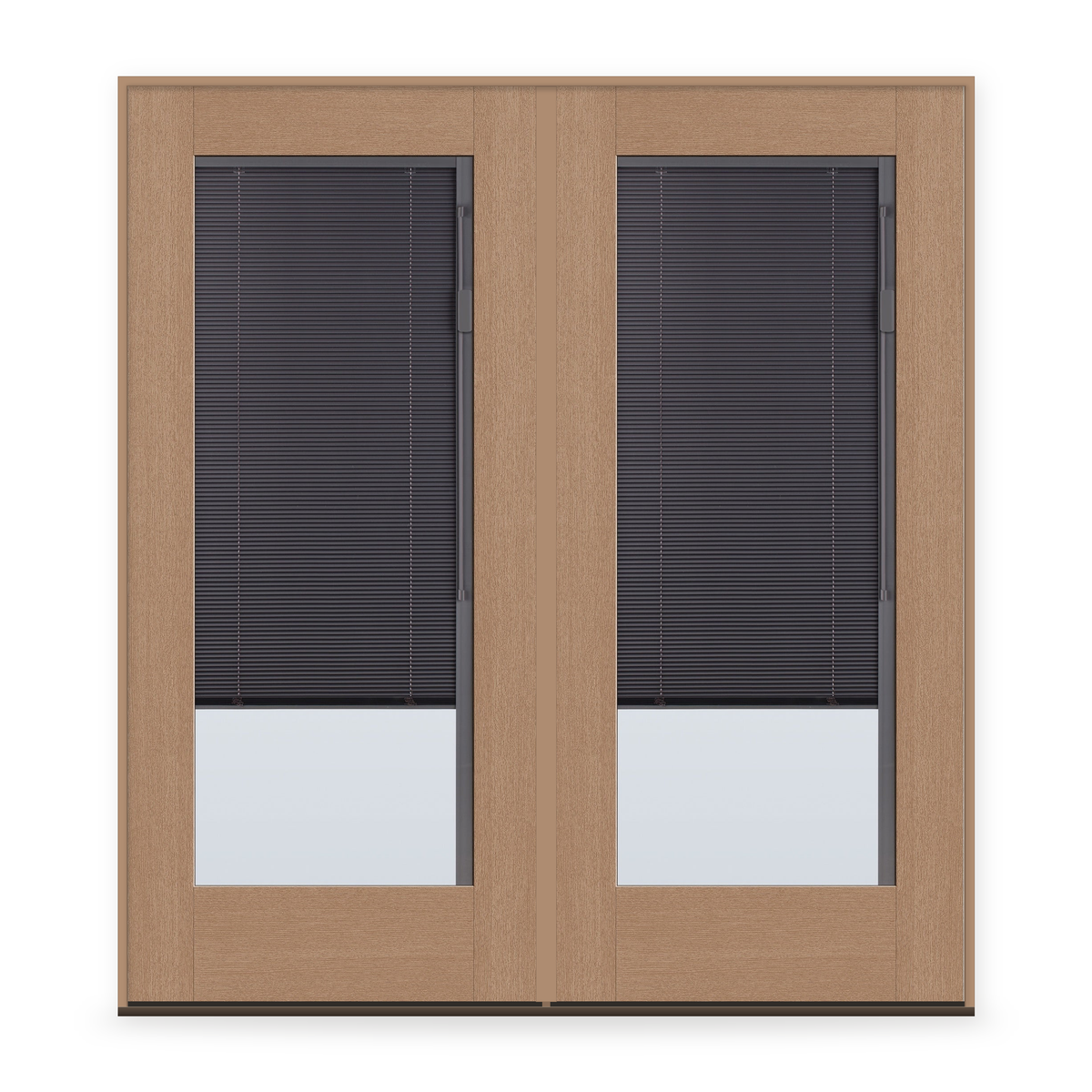 Double Raise & Lower Blinds Flush Glazed Fiberglass Entry Door System - Full Lite, Tan Woodgrain, Slate Enclosed Blinds