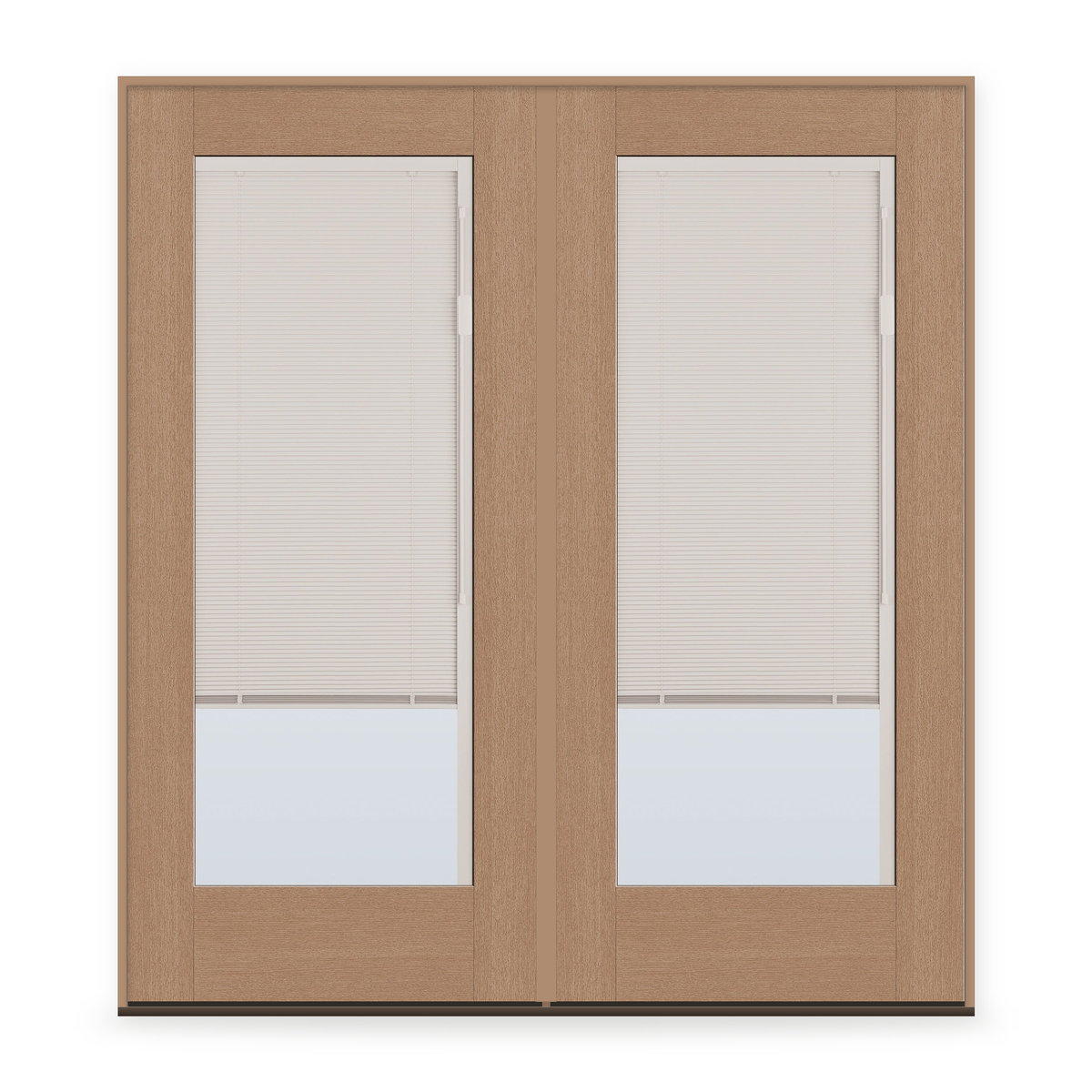 Double Raise & Lower Blinds Flush Glazed Fiberglass Entry Door System - Full Lite, Tan Woodgrain, White Enclosed Blinds