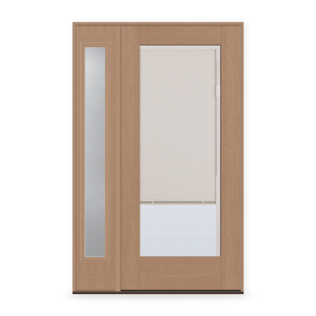 Raise & Lower Blinds Flush Glazed Fiberglass Entry Door System with Sidelite - Full Lite, Tan Woodgrain, White Enclosed Blinds