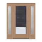 Raise & Lower Blinds Flush Glazed Fiberglass Entry Door System with Two Sidelites - Full Lite, Tan Woodgrain, Slate Enclosed Blinds