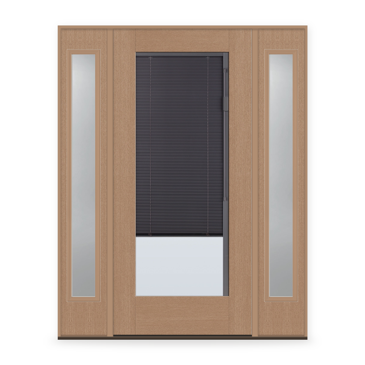 Raise & Lower Blinds Flush Glazed Fiberglass Entry Door System with Two Sidelites - Full Lite, Tan Woodgrain, Slate Enclosed Blinds