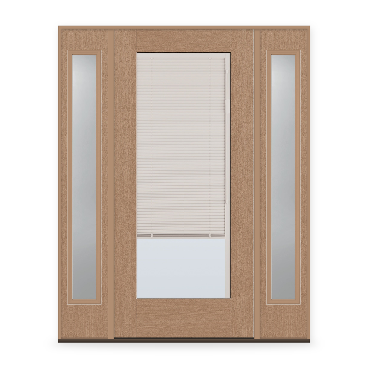 Raise & Lower Blinds Flush Glazed Fiberglass Entry Door System with Two Sidelites - Full Lite, Tan Woodgrain, White Enclosed Blinds