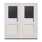 Double Raise & Lower Blinds Flush Glazed Fiberglass Entry Door System - Half Lite Shaker, White Satin Smooth, Slate Enclosed Blinds