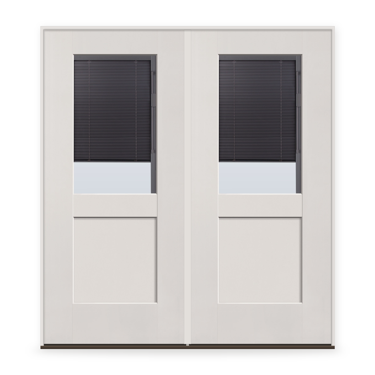 Double Raise & Lower Blinds Flush Glazed Fiberglass Entry Door System - Half Lite Shaker, White Satin Smooth, Slate Enclosed Blinds