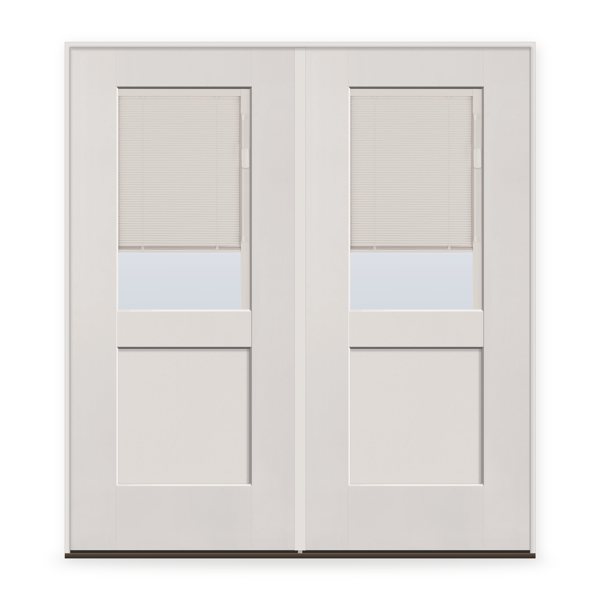 Double Raise & Lower Blinds Flush Glazed Fiberglass Entry Door System - Half Lite Shaker, White Satin Smooth, White Enclosed Blinds