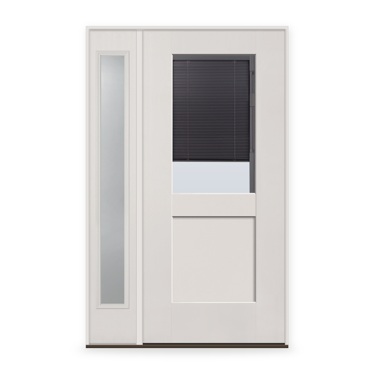 Raise & Lower Blinds Flush Glazed Fiberglass Entry Door System with Sidelite - Half Lite Shaker, White Satin Smooth, Slate Enclosed Blinds
