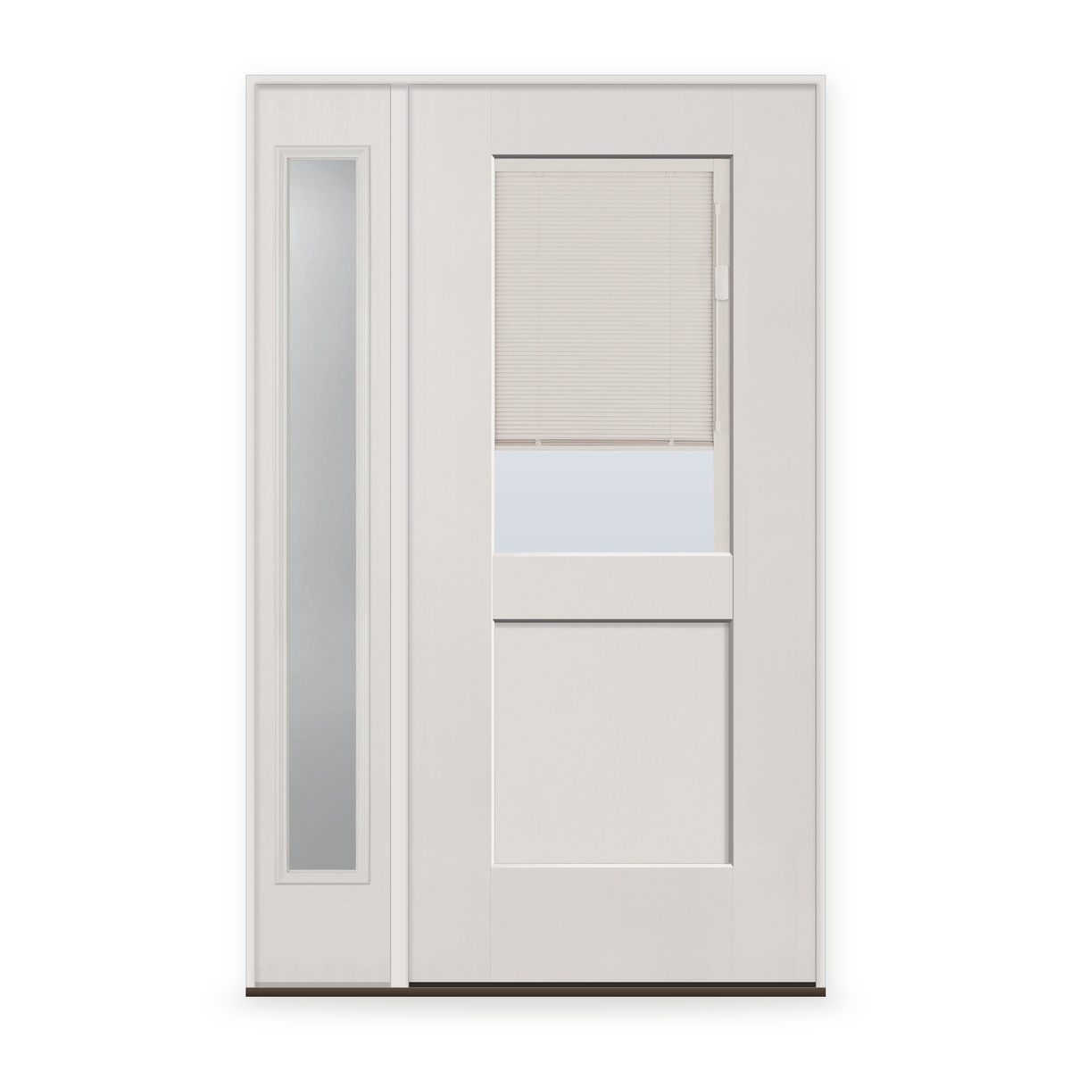 Raise & Lower Blinds Flush Glazed Fiberglass Entry Door System with Sidelite - Half Lite Shaker, White Satin Smooth, White Enclosed Blinds