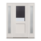 Raise & Lower Blinds Flush Glazed Fiberglass Entry Door System with Two Sidelites - Half Lite Shaker, White Satin Smooth, Slate Enclosed Blinds