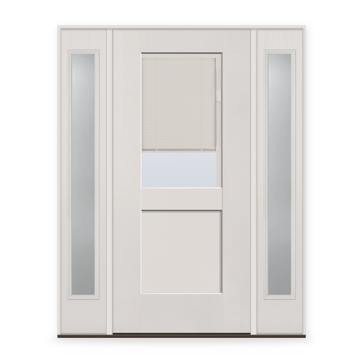 Raise & Lower Blinds Flush Glazed Fiberglass Entry Door System with Two Sidelites - Half Lite Shaker, White Satin Smooth, White Enclosed Blinds