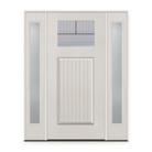 Rill Flush Glazed Fiberglass Entry Door System with Two Sidelites - Craftsman Plank, White Satin Smooth