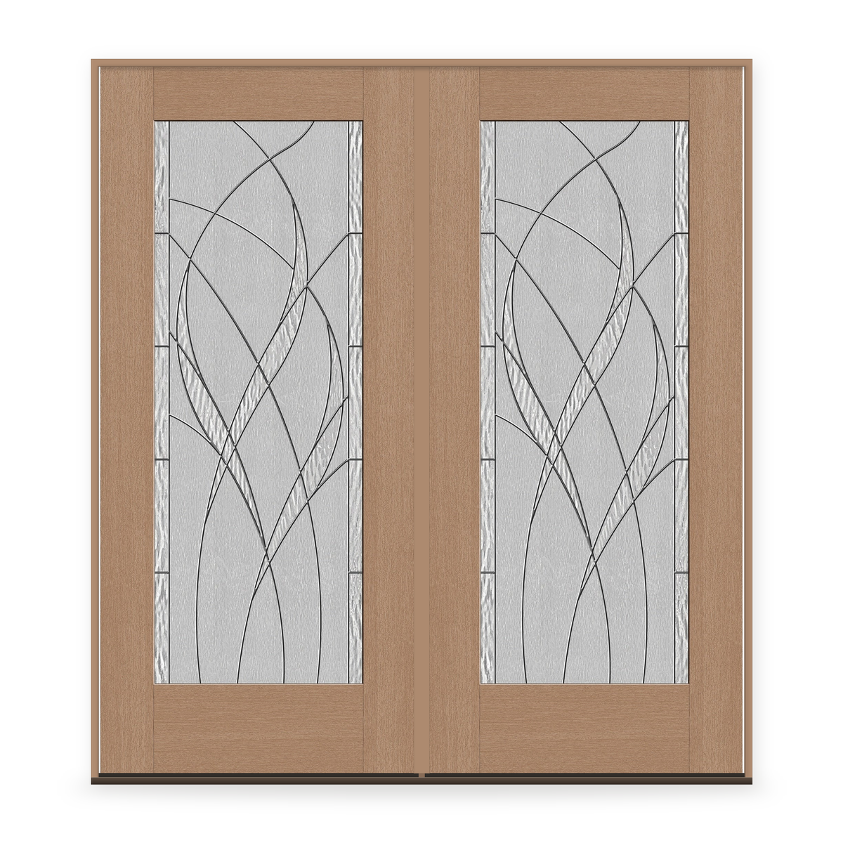 Double Waterside Flush Glazed Fiberglass Entry Door System - Full Lite, Tan Woodgrain