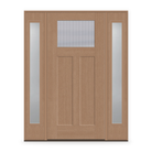 Wide Reed Flush Glazed Fiberglass Entry Door System with Two Sidelites - Craftsman 2 Panel, Tan Woodgrain