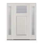Wide Reed Flush Glazed Fiberglass Entry Door System with Two Sidelites - Craftsman Plank, White Satin Smooth