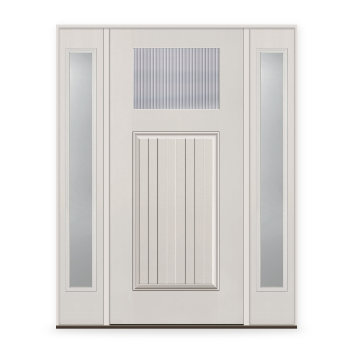 Wide Reed Flush Glazed Fiberglass Entry Door System with Two Sidelites - Craftsman Plank, White Satin Smooth